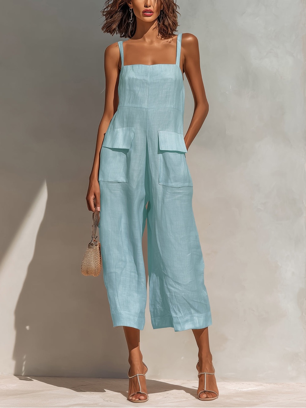 ELEVENORA Women's Light sky Blue Wide-Leg Square Neck Jumpsuit w/ Pockets